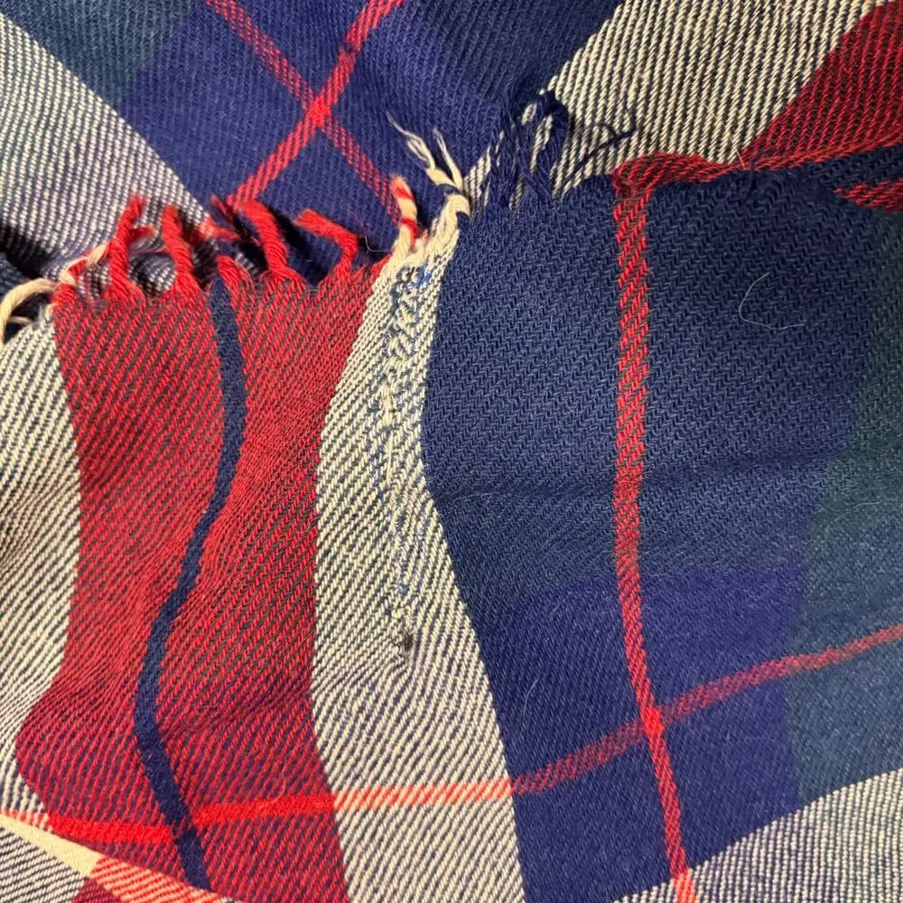 Vintage Wool Blanket Plaid Fringed Blue Red Cream Throw Unbranded 58”x64”